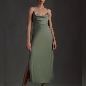 BHLDN by Anthropologie Cali Satin Midi Bridesmaid Dress- size: 6, color: Moss